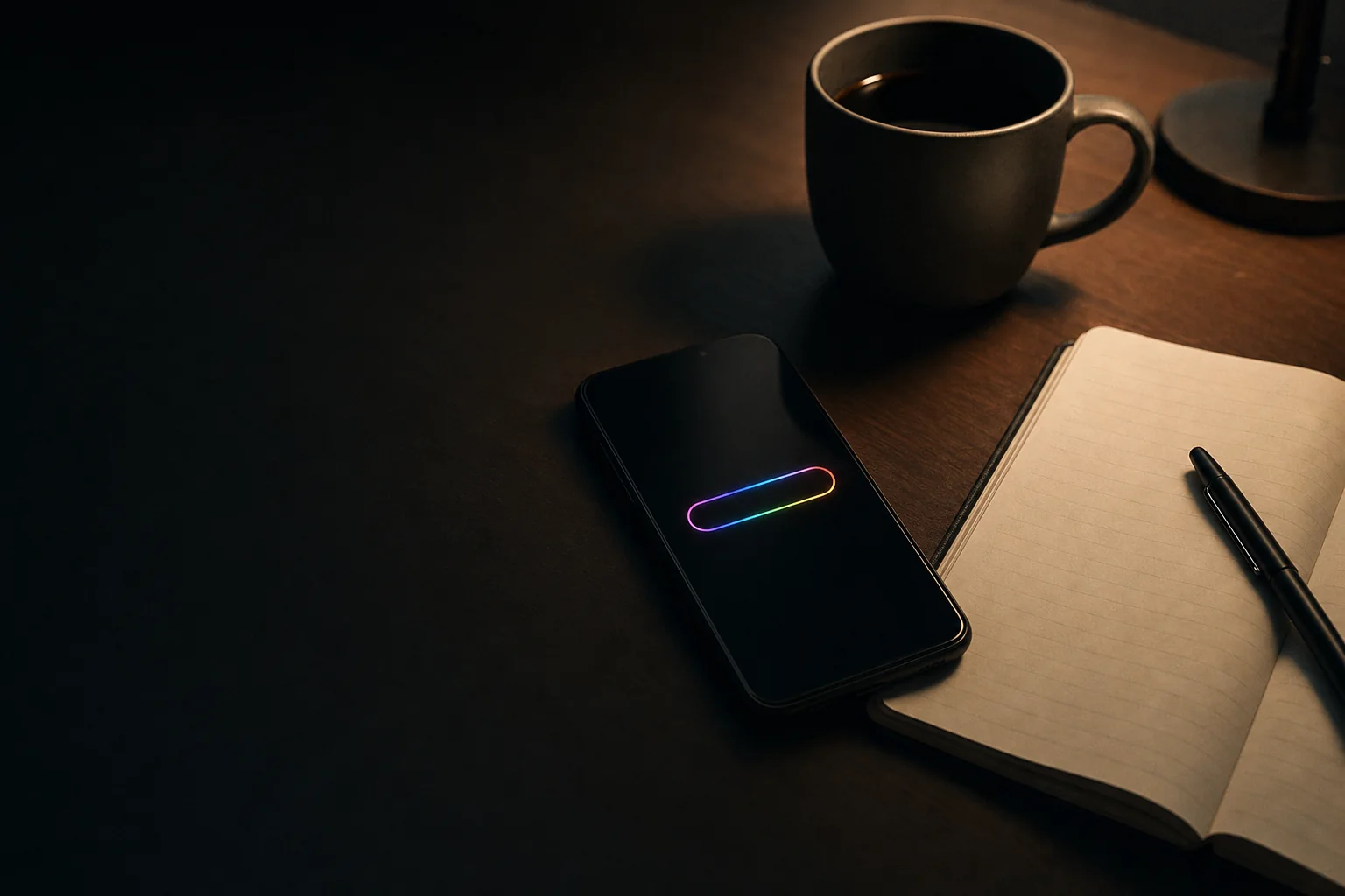 A phone glowing with Podomodo's rainbow capture field on a desk at night, next to a notebook and coffee