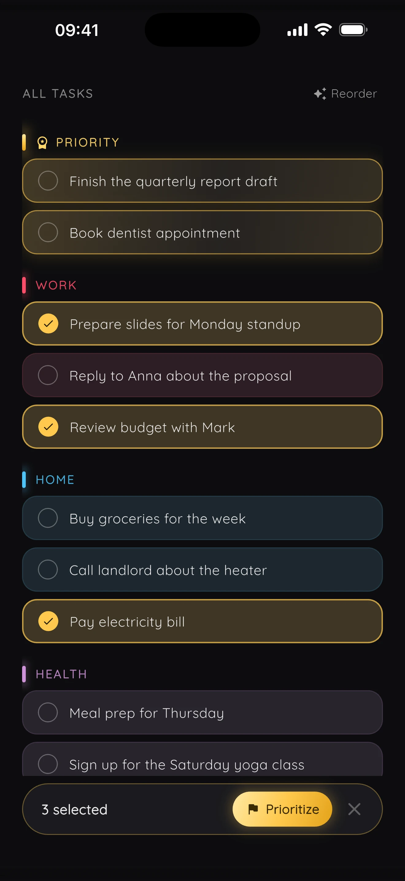 Three tasks selected with a gold Prioritize button at the bottom