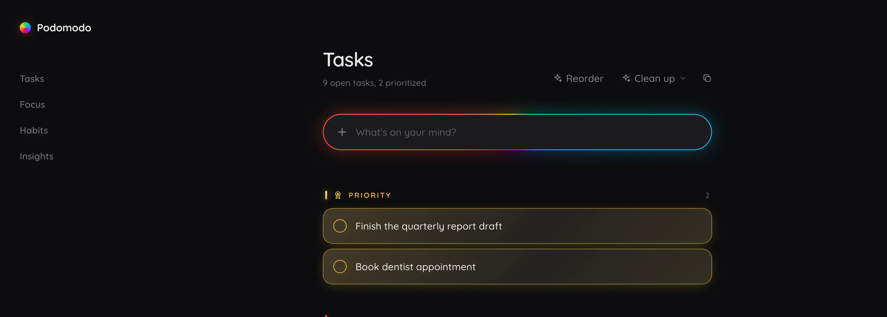 The Podomodo web app showing the same task list with a gold Priority group
